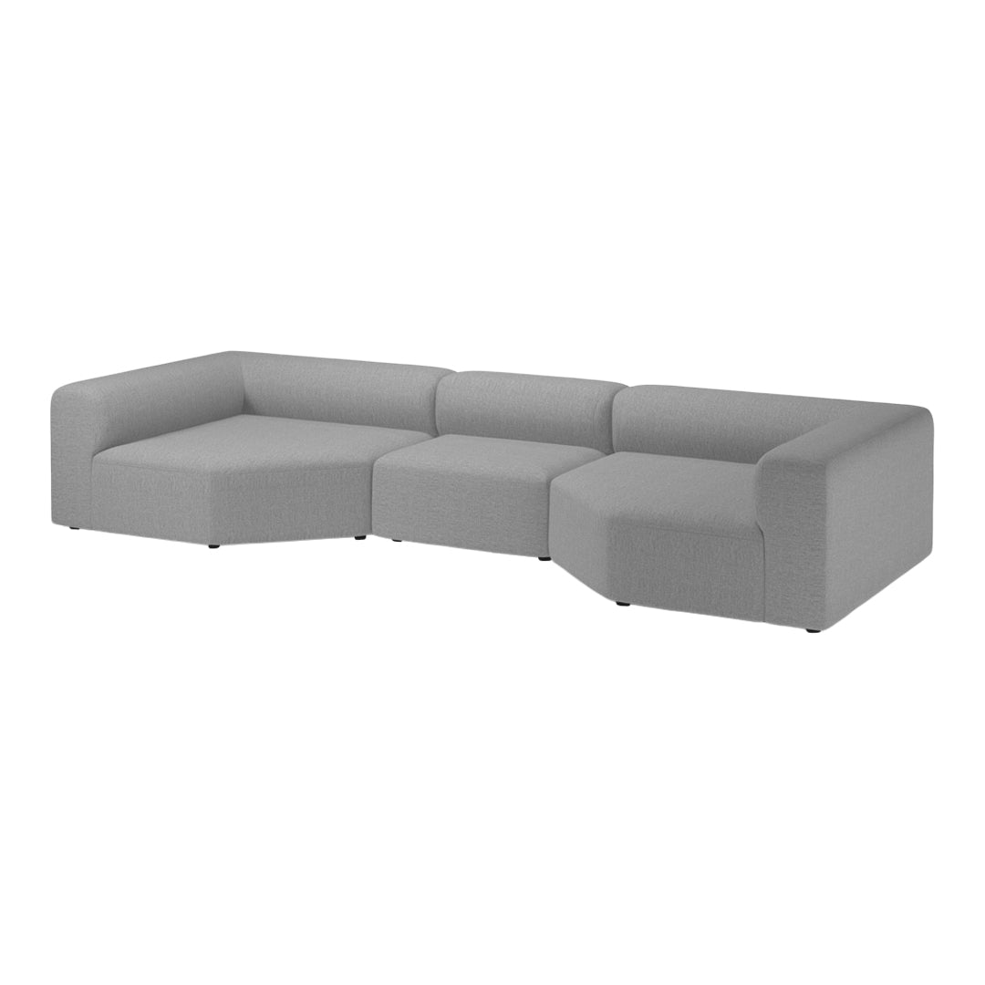 Gray sectional sofa with a modern, minimalist design and clean lines, featuring a soft, textured fabric upholstery.