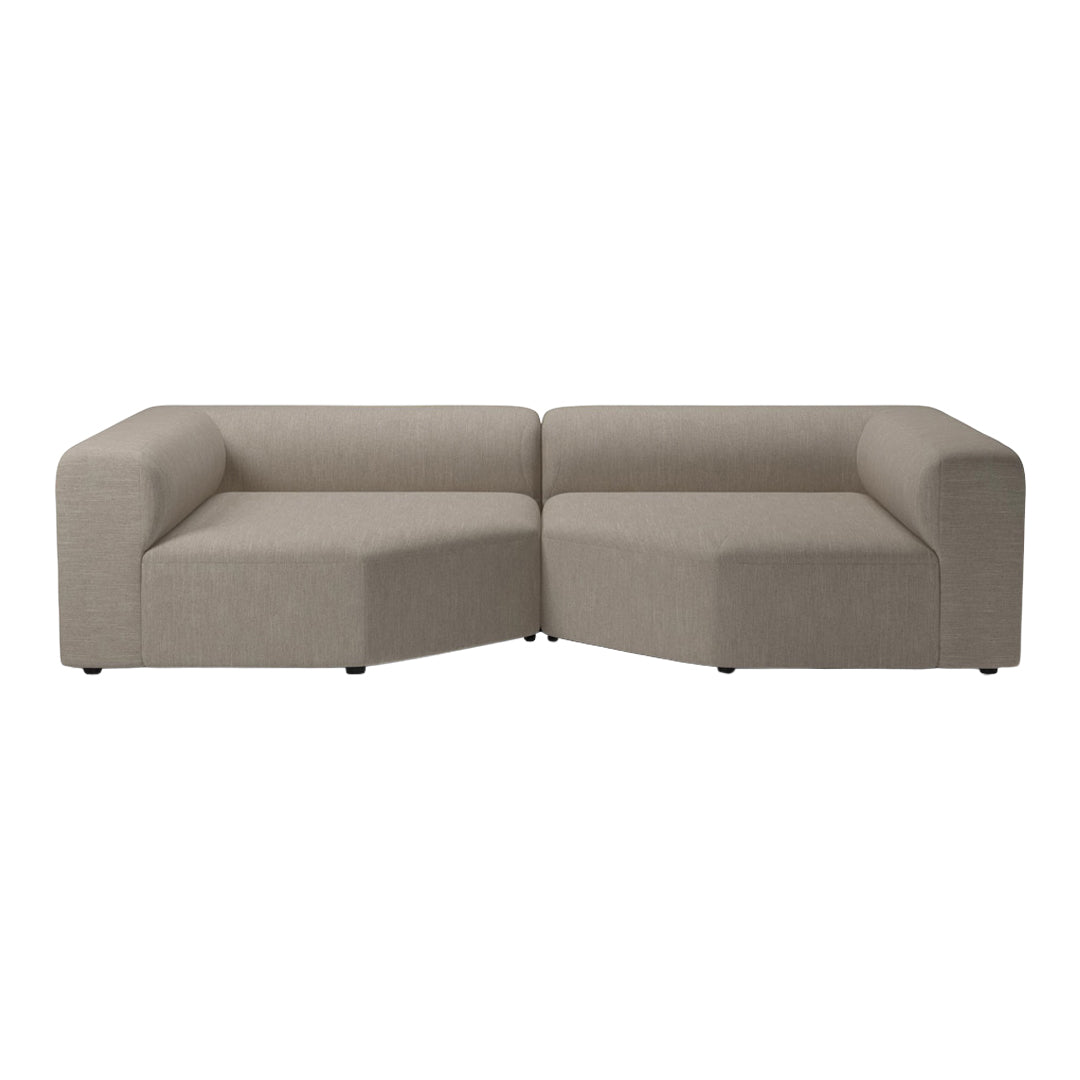 Gray sectional sofa with a minimalist design, featuring a smooth, solid fabric upholstery and modern geometric shapes.