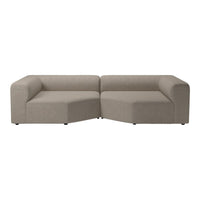 Gray sectional sofa with a minimalist design, featuring a smooth, solid fabric upholstery and modern geometric shapes.