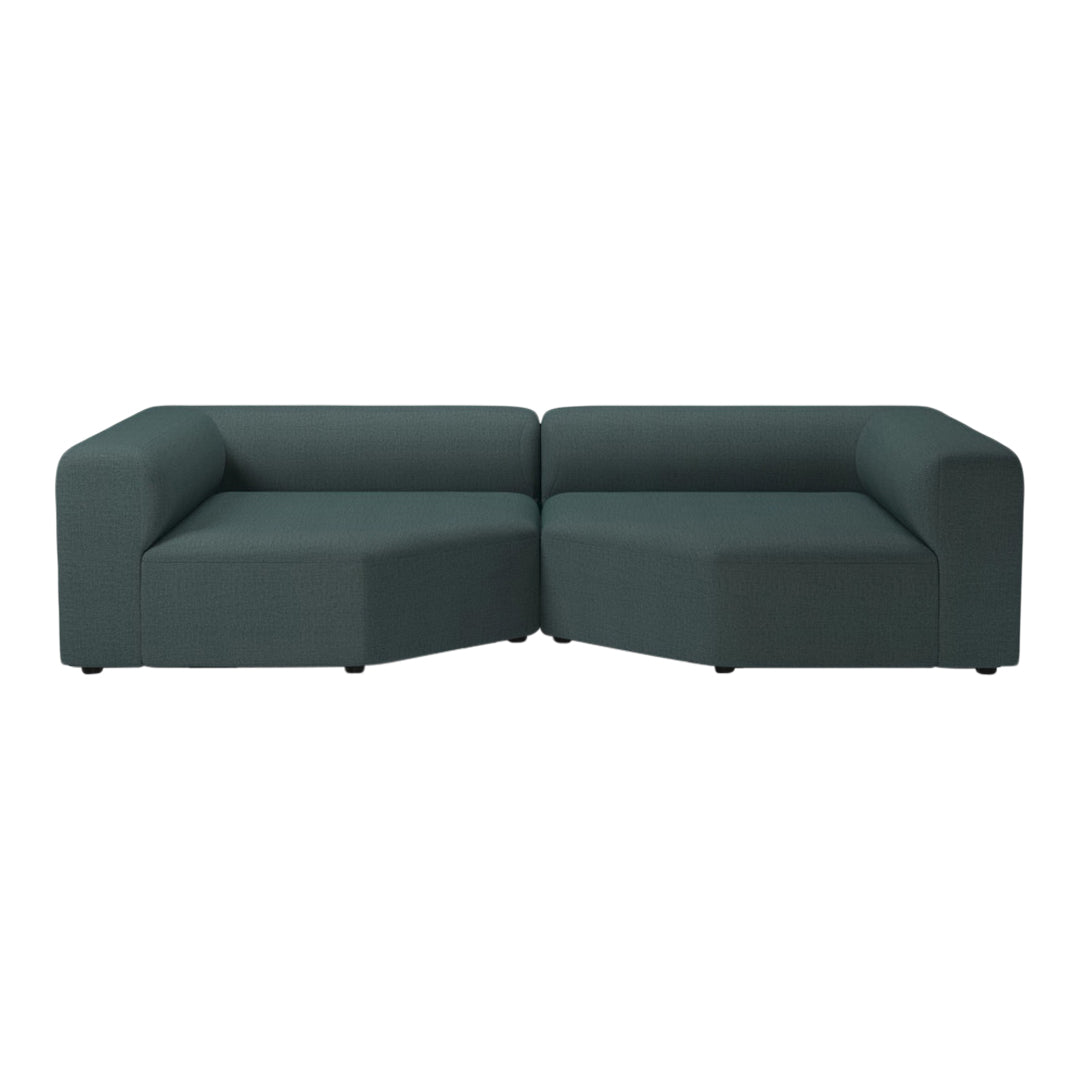 Modern two-piece sectional sofa in deep teal with a minimalist design and soft fabric upholstery.