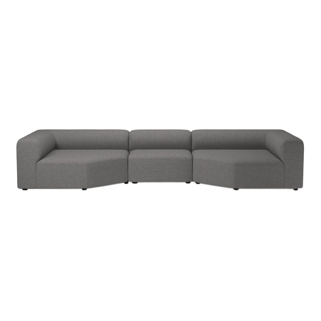 Contemporary gray sectional sofa with clean lines and a minimalistic design, featuring a solid woven fabric pattern.
