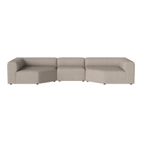 Beige sectional sofa with a modern, minimalist design, featuring clean lines and a textured fabric finish.