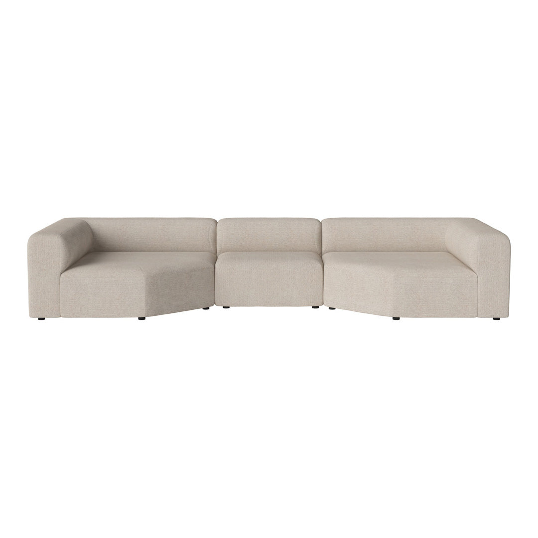 Beige modular couch with a smooth, solid fabric texture and contemporary geometric design. Perfect for modern interiors.