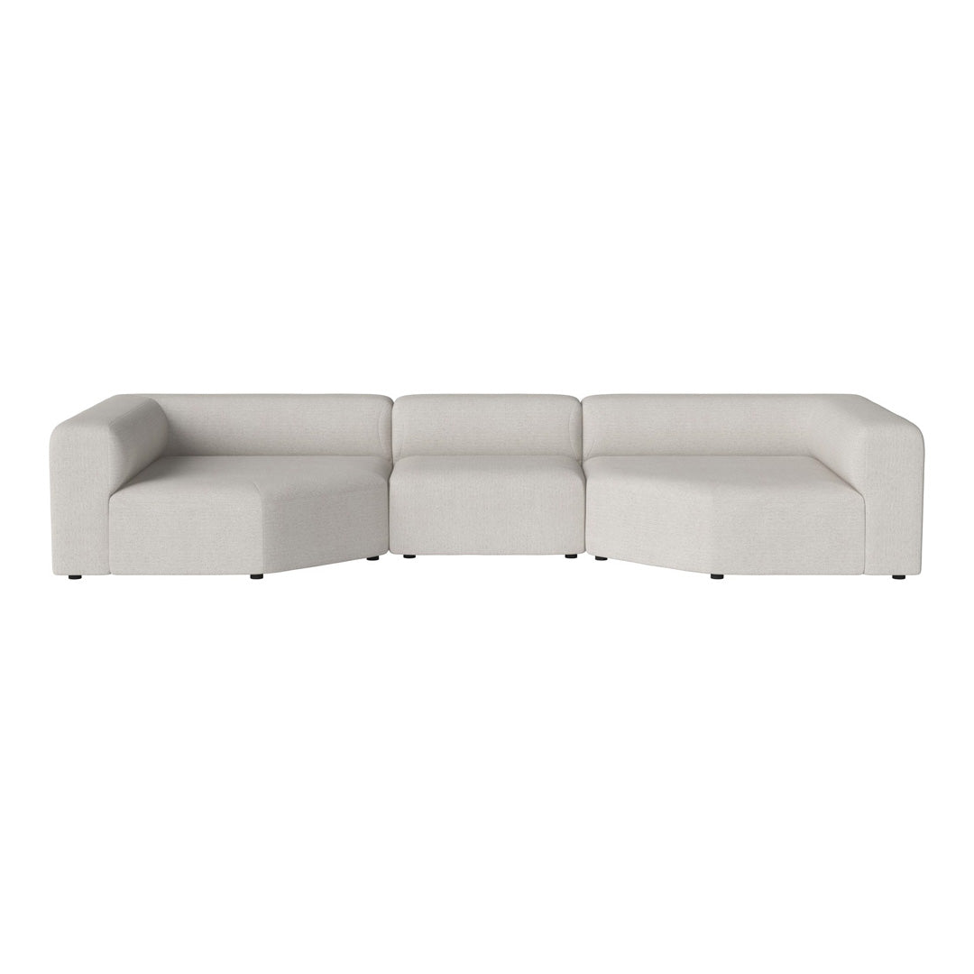 Modern light gray sectional sofa with a minimalist design and soft fabric texture. Ideal for contemporary spaces.