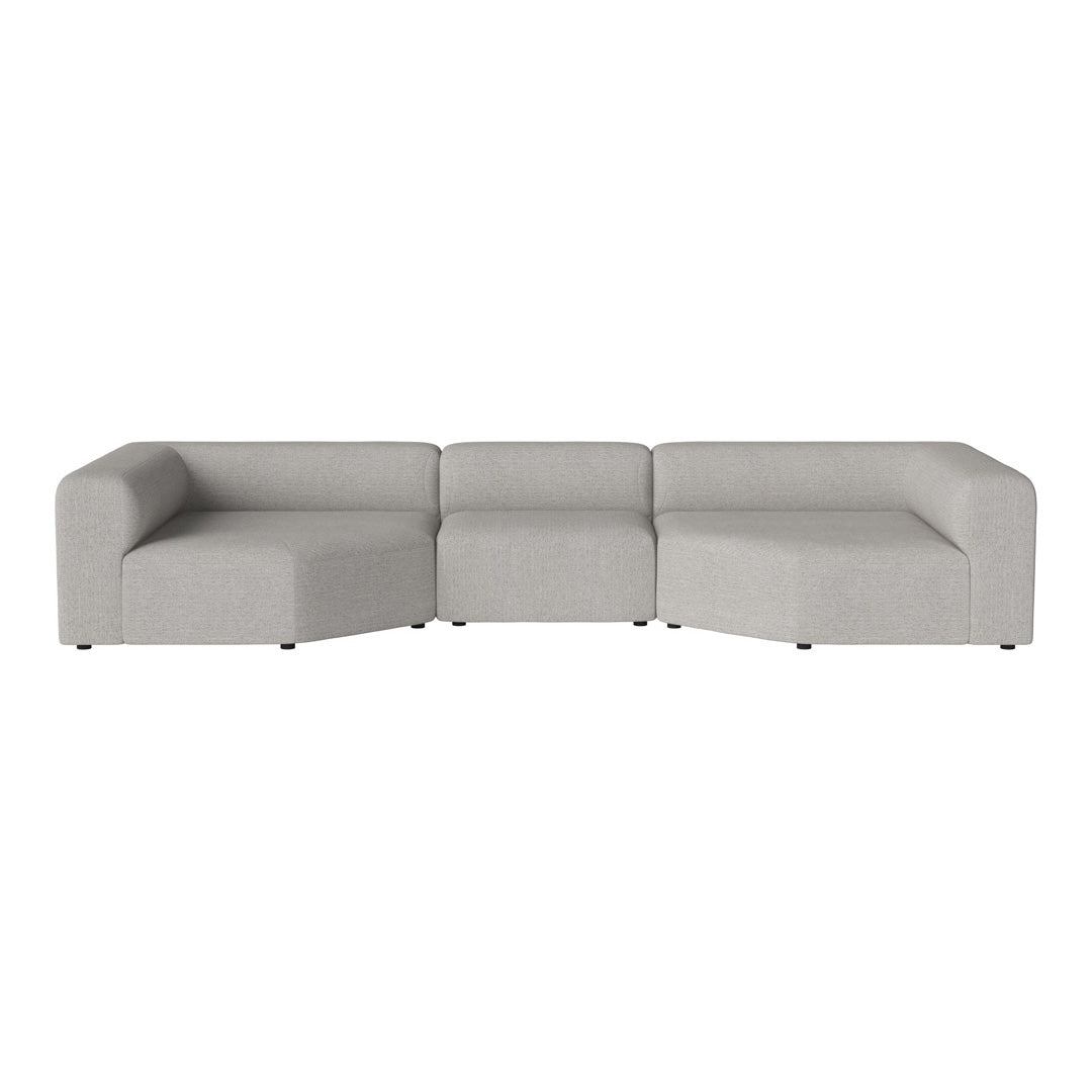 Modern L-shaped sectional sofa in light gray fabric with a smooth, minimalist design and no visible patterns.