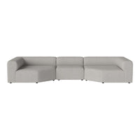 Modern L-shaped sectional sofa in light gray fabric with a smooth, minimalist design and no visible patterns.