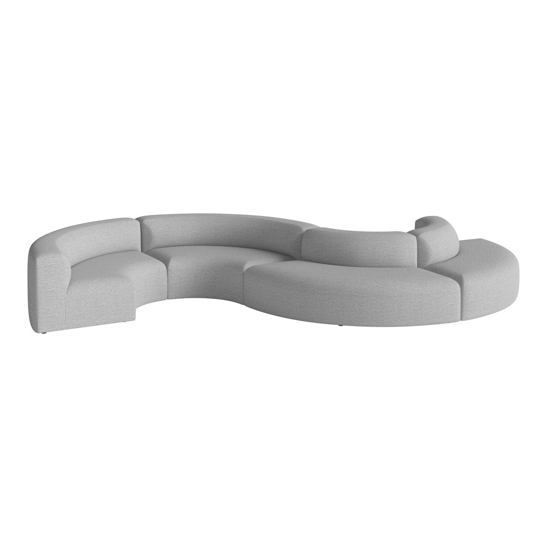 Curved grey sectional sofa with a sleek, textured pattern for modern living spaces.