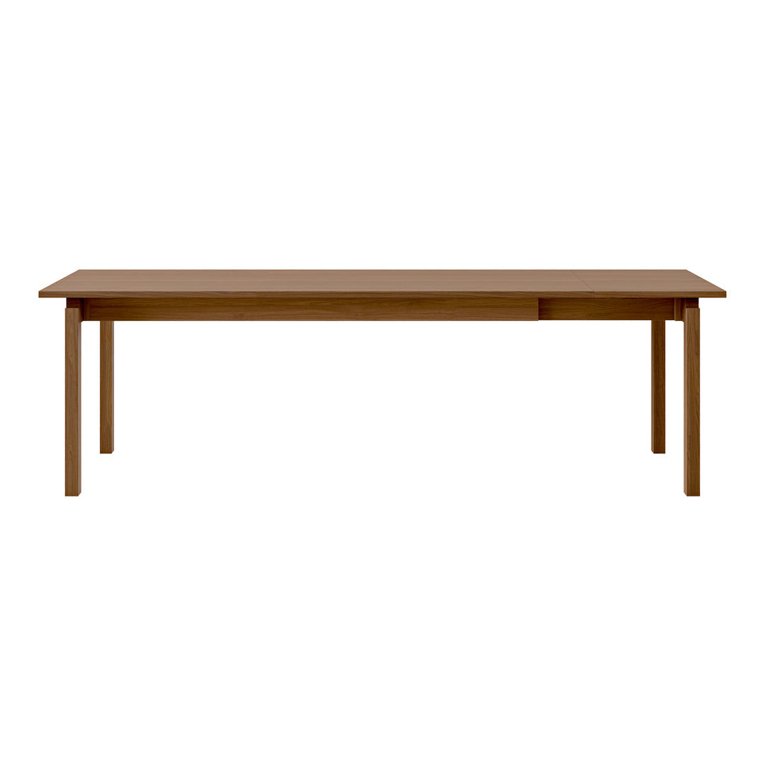 Modern wooden dining table in warm brown finish, featuring a simple, solid design without intricate patterns.