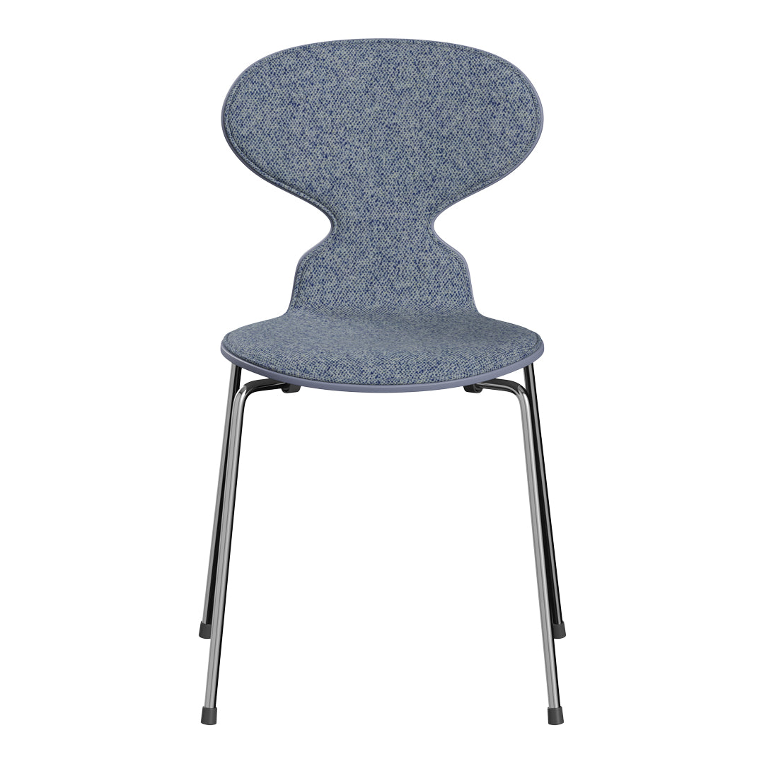Blue patterned chair with a modern shape, featuring a textured fabric seat and sleek metal legs. Perfect for any space.