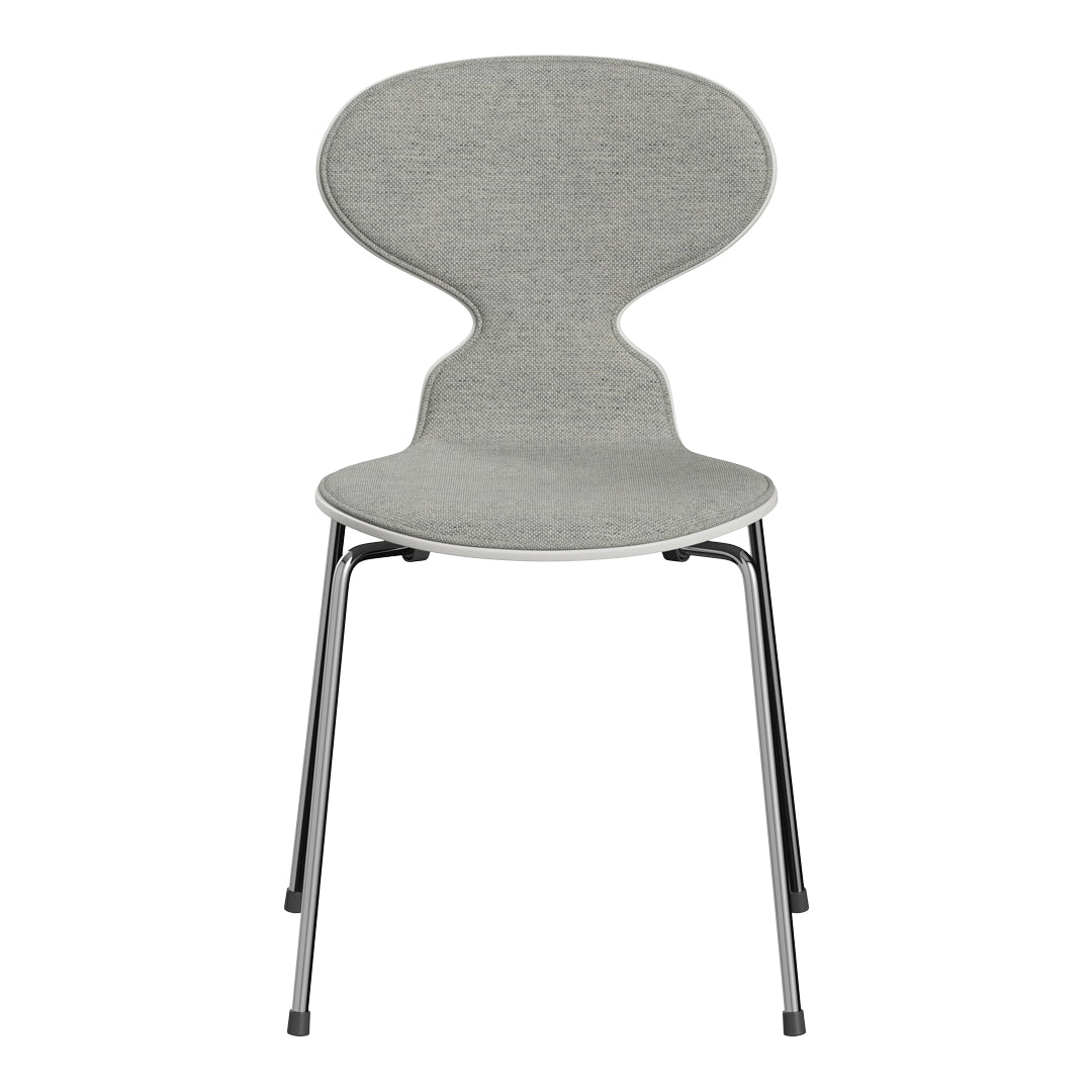"Stylish gray fabric chair with a unique curved design and sleek chrome legs."