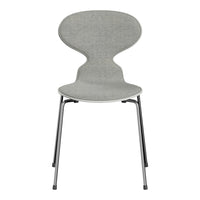 "Stylish gray fabric chair with a unique curved design and sleek chrome legs."