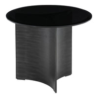 Round black table with a textured black metal base, featuring a sleek, modern design and minimalist style.