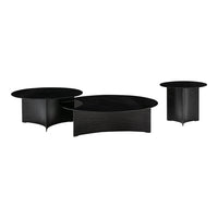 Set of three modern black coffee tables featuring sleek, curved designs and smooth surfaces. Ideal for contemporary decor.