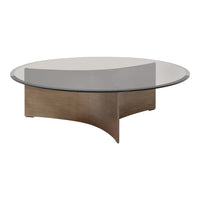 Round coffee table with a sleek glass top and a smooth light brown wooden base, featuring a minimalist design.