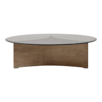 Round coffee table with a sleek gray glass top and a warm, light wood base, featuring smooth, minimalist design.