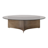 Round coffee table with a sleek glass top and warm brown wood base featuring a smooth, modern design.