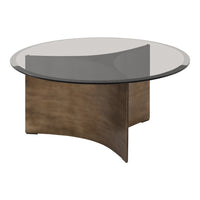 Round coffee table with a sleek glass top and a textured brown metal base, showcasing modern design and minimalist style.