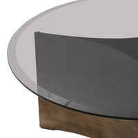 Smoky gray glass top with a curved design, accented by a warm wood base. Elegant and modern combination of colors.