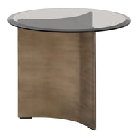 Round side table with a sleek glass top and a smooth, bronze finish base. Modern design for stylish interiors.
