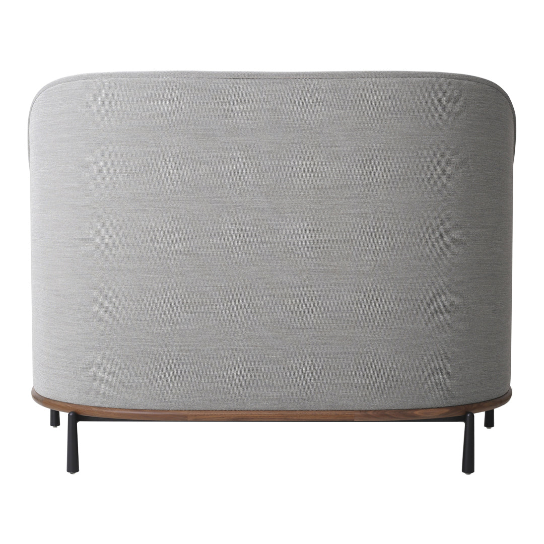 Gray textured fabric with a smooth, curved silhouette and wooden accent, supported by sleek black legs.