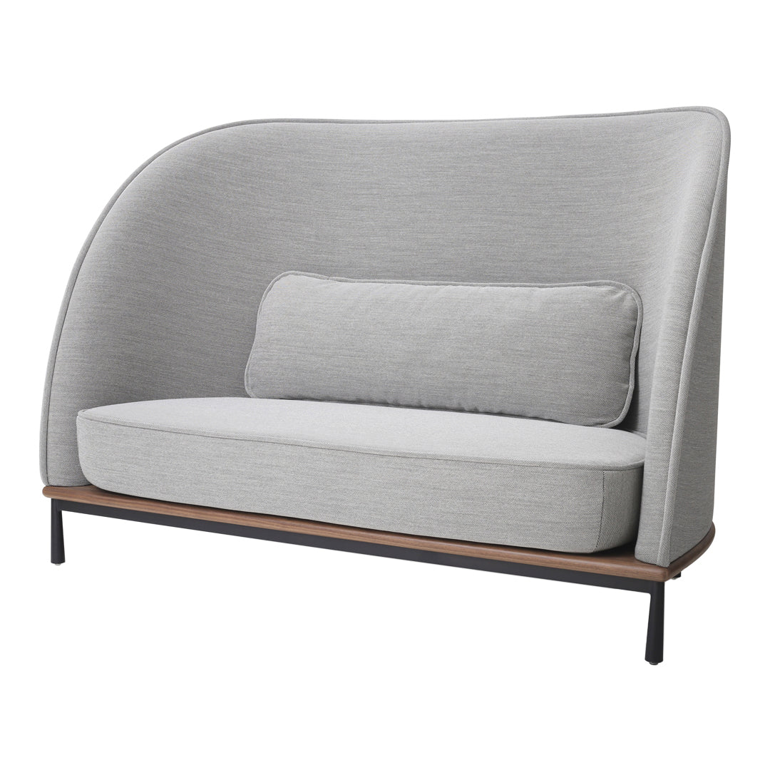 Modern gray two-seater sofa with a curved back, featuring a simple pattern and a plush white cushion.