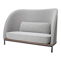 Modern gray two-seater sofa with a curved back, featuring a simple pattern and a plush white cushion.