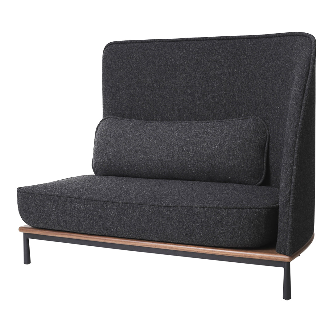 Modern dark gray upholstered sofa with a smooth texture and sleek wooden base, featuring a minimalist design.