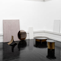 Modern furniture set featuring muted tones of beige, brown, and white with sleek geometric patterns. Ideal for minimalist decor.
