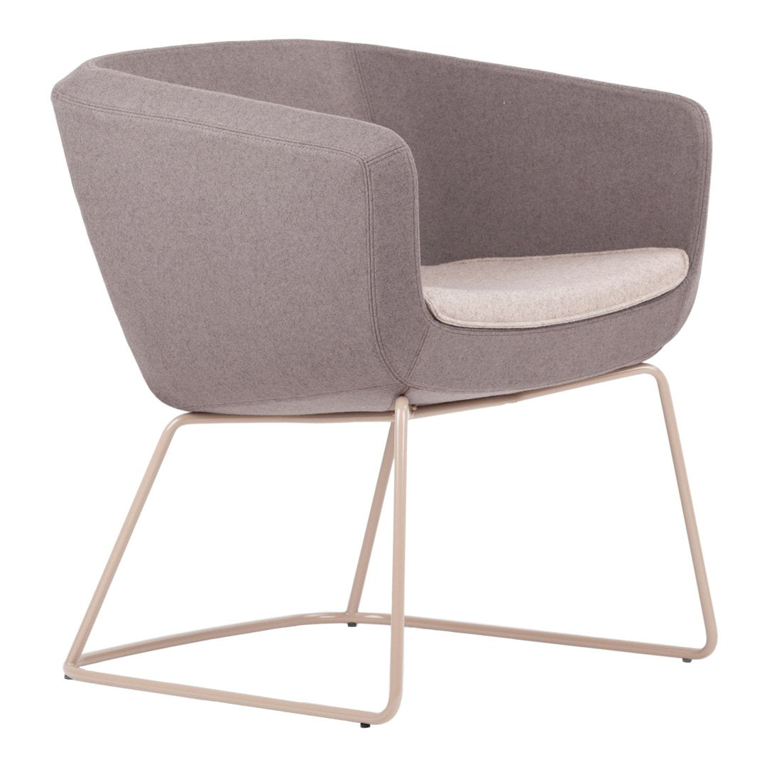 Light gray upholstered chair with smooth fabric and beige cushion, featuring a minimalist metal base.