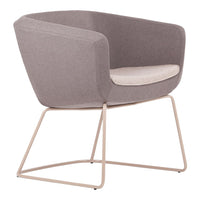 Light gray upholstered chair with smooth fabric and beige cushion, featuring a minimalist metal base.