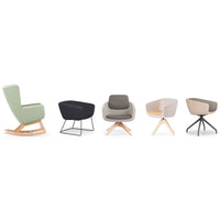 "Modern chairs in soft green, deep navy, gray, blush, and taupe colors with varied textures and stylish bases."