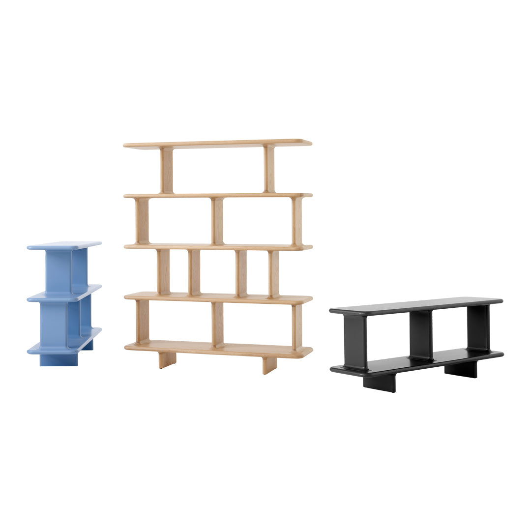 Light wood, sky blue, and black minimalist shelves with rectangular patterns for modern storage solutions.
