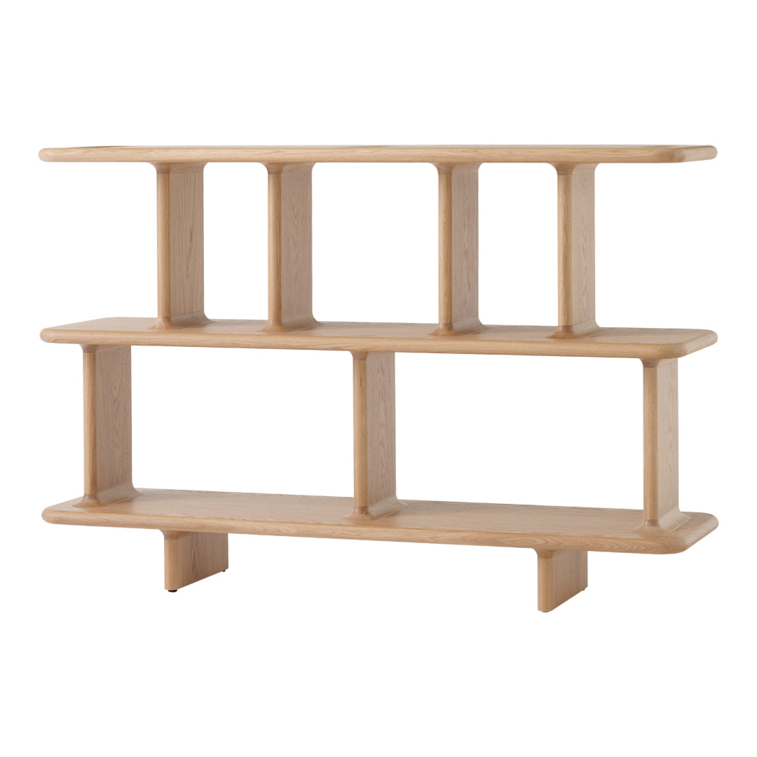 Light wood shelving unit with clean lines, featuring a natural finish and minimalistic design elements.