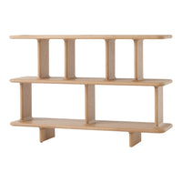 Light wood shelving unit with clean lines, featuring a natural finish and minimalistic design elements.