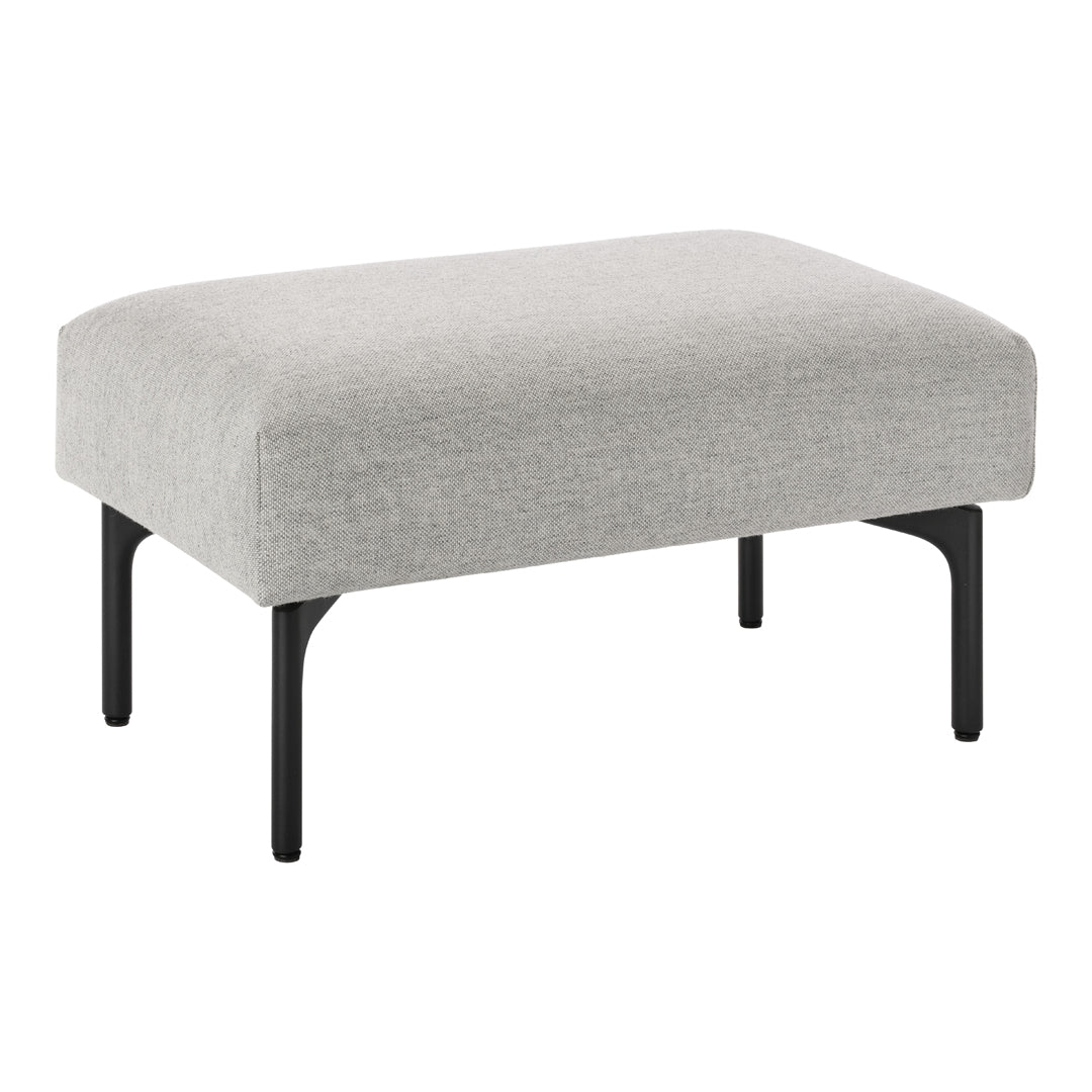 Grey upholstered ottoman with a smooth texture and sleek black legs, perfect for modern decor.