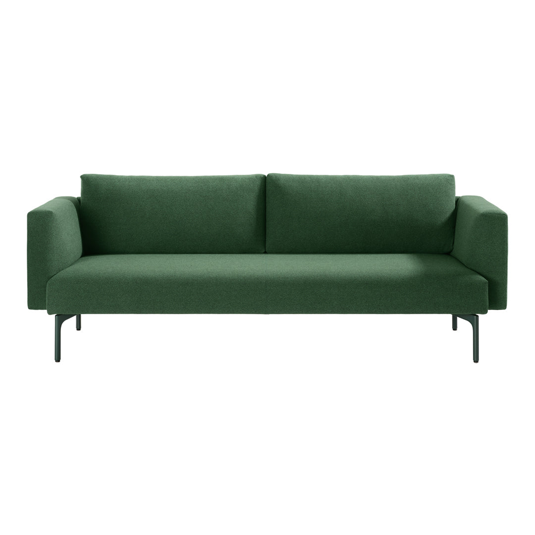 Green upholstery sofa with a minimalist design and sleek black metal legs, perfect for modern decor.