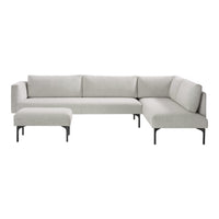 Light grey sectional sofa with a modern design and clean lines, featuring sleek black metal legs.