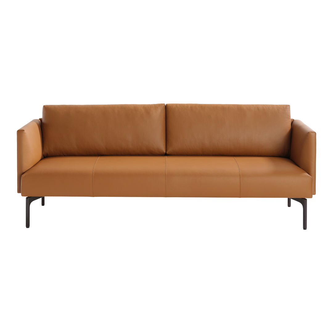 Tan leather sofa with clean lines and black metal legs, perfect for modern décor.
