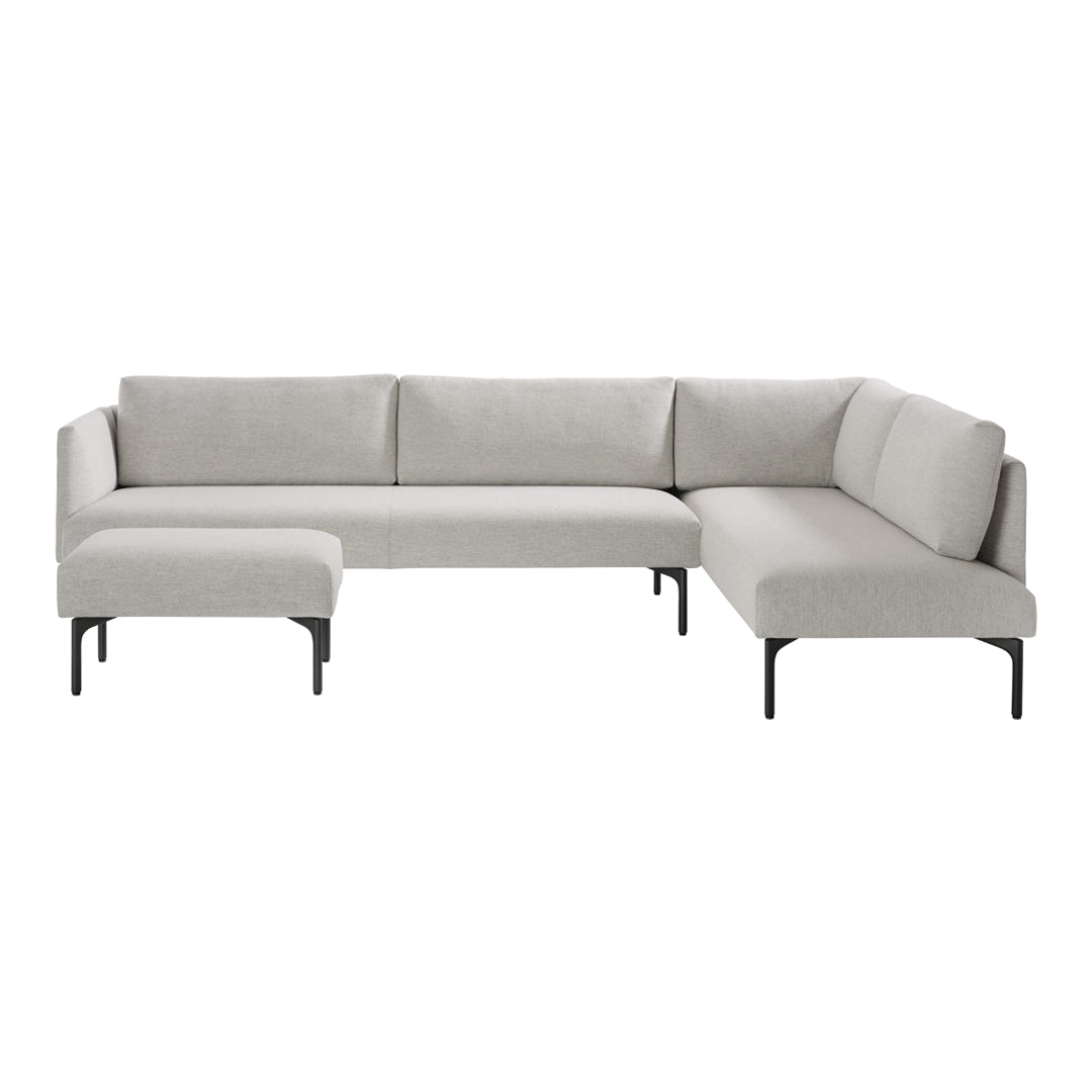 Light gray fabric sectional sofa with a minimalist design and smooth upholstery, featuring black metal legs.