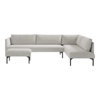 Light gray fabric sectional sofa with a minimalist design and smooth upholstery, featuring black metal legs.