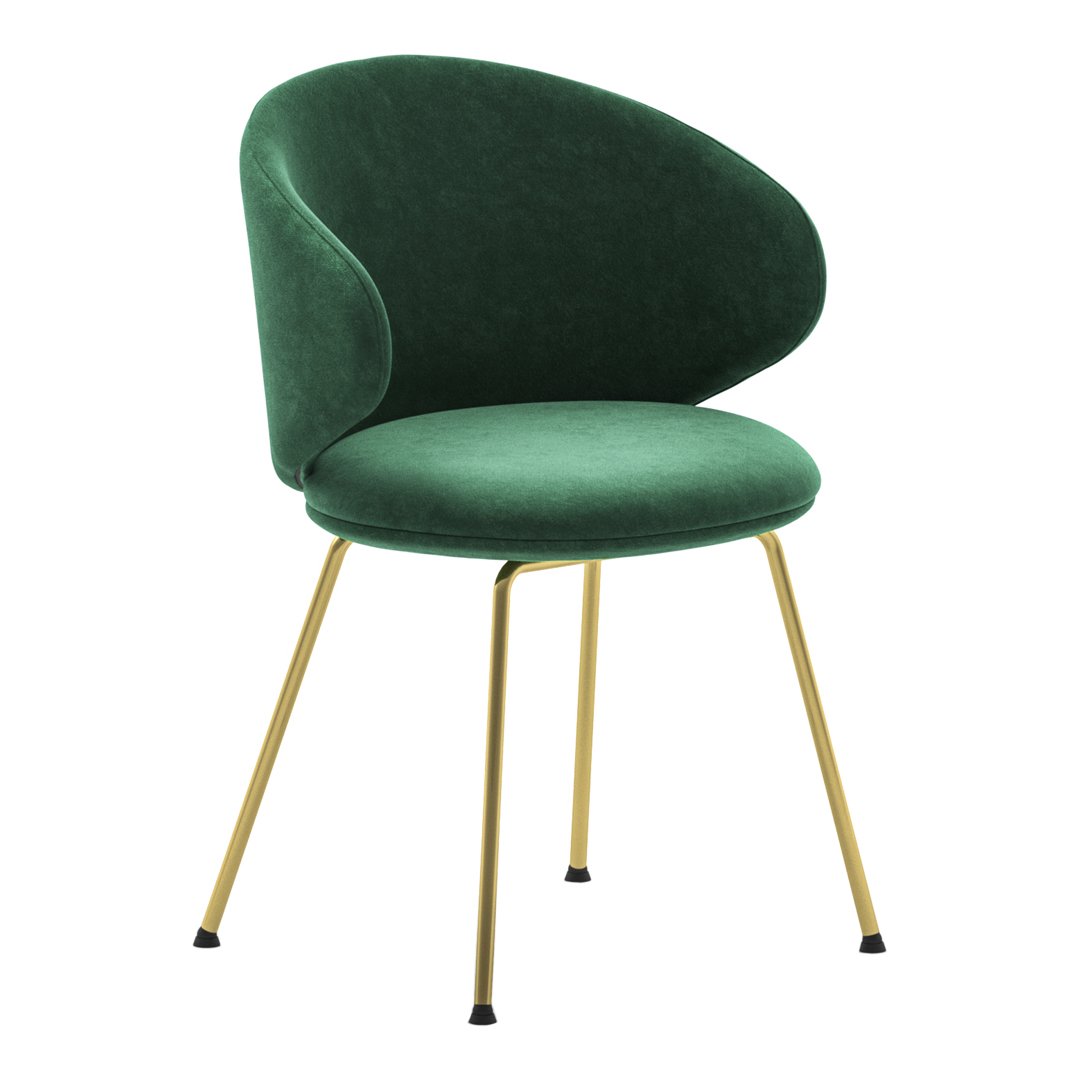 Velvet green dining chair with gold metal legs and a modern curved design. Perfect for stylish interiors.