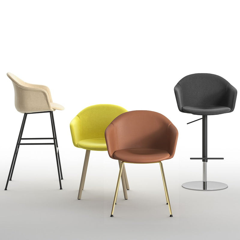 Mani Plastic Armshell Bar Stool - Black Painted Steel Footrest - Disc Base w/ Gas Lift - Seat Upholstered