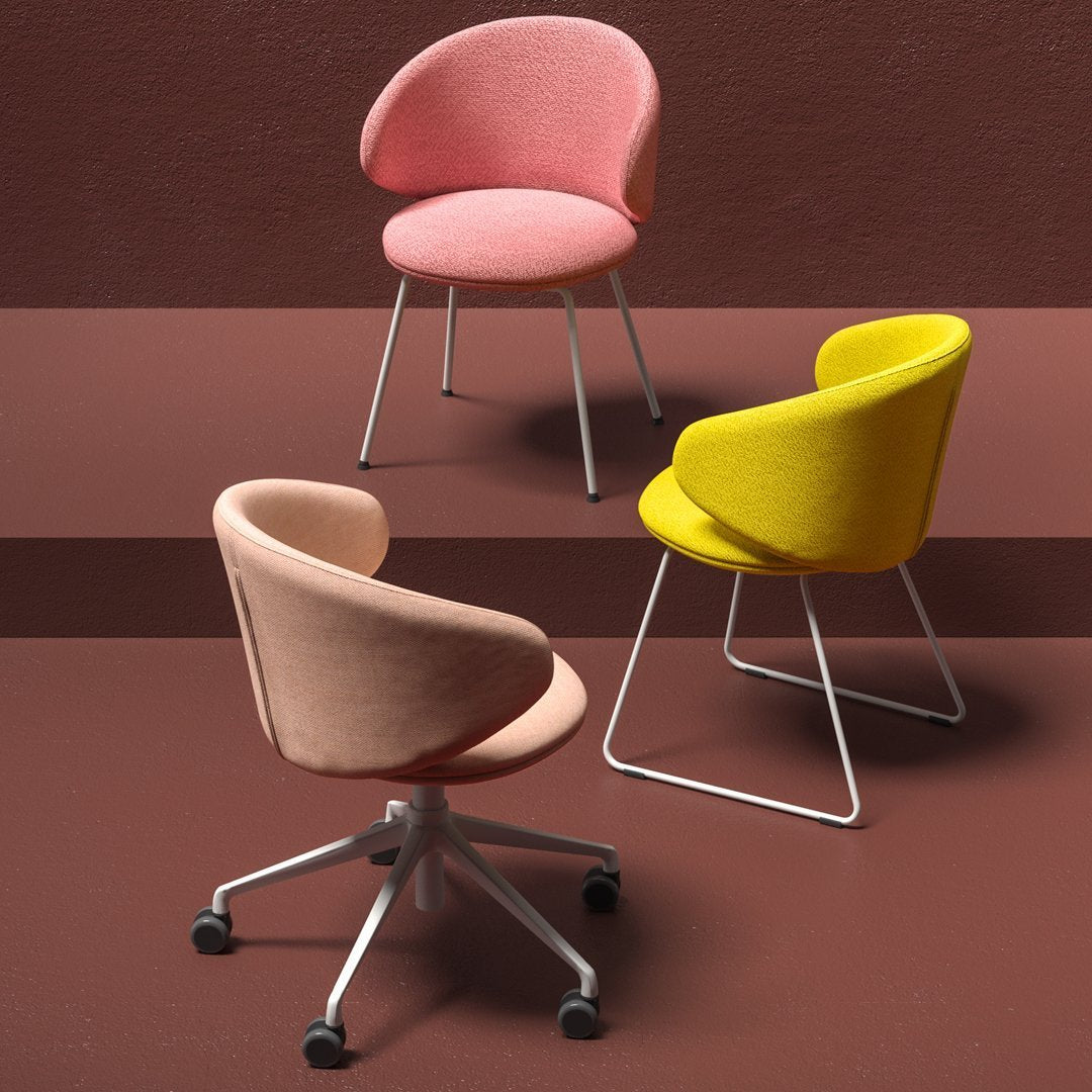 "Set of modern chairs in pink, yellow, and textured fabric against a brown backdrop, showcasing sleek designs."