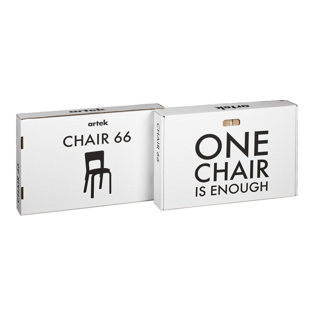 White boxes with black text and minimalist design featuring "CHAIR 66" and "ONE CHAIR IS ENOUGH" patterns.