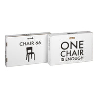White boxes with black text and minimalist design featuring "CHAIR 66" and "ONE CHAIR IS ENOUGH" patterns.