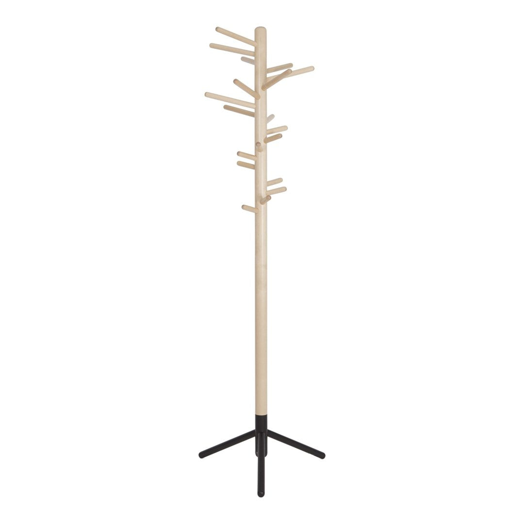 Natural wood coat rack with black metal base, featuring minimalist design and sleek, straight lines.