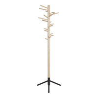 Natural wood coat rack with black metal base, featuring minimalist design and sleek, straight lines.