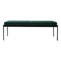 Green upholstered bench with a sleek black metal frame, featuring a minimalist, modern design.