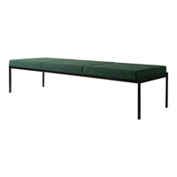 Green upholstered bench with a sleek black metal frame. Simple, modern design with a textured fabric finish.