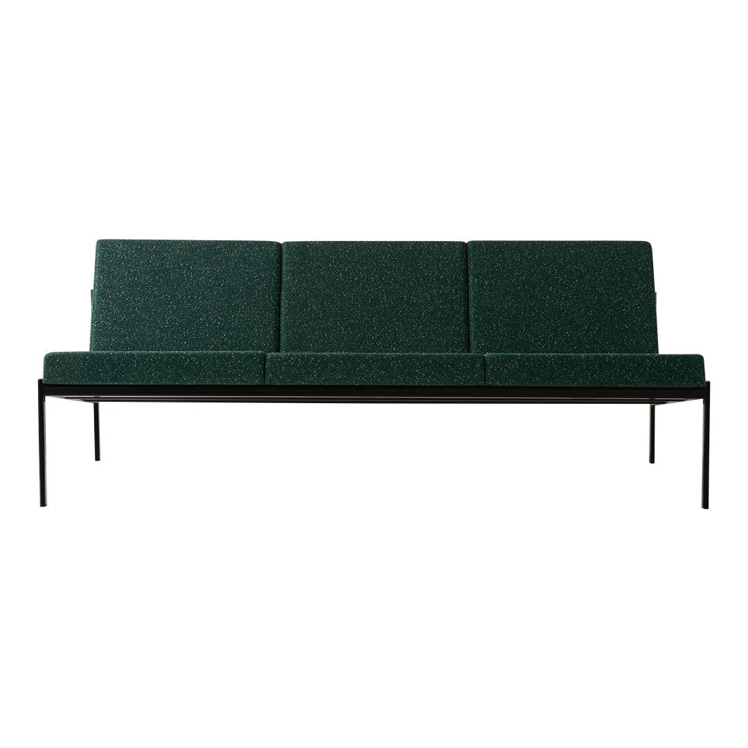 Green upholstered sofa with a sleek black metal frame, featuring a textured minimalist design. Perfect for modern decor.